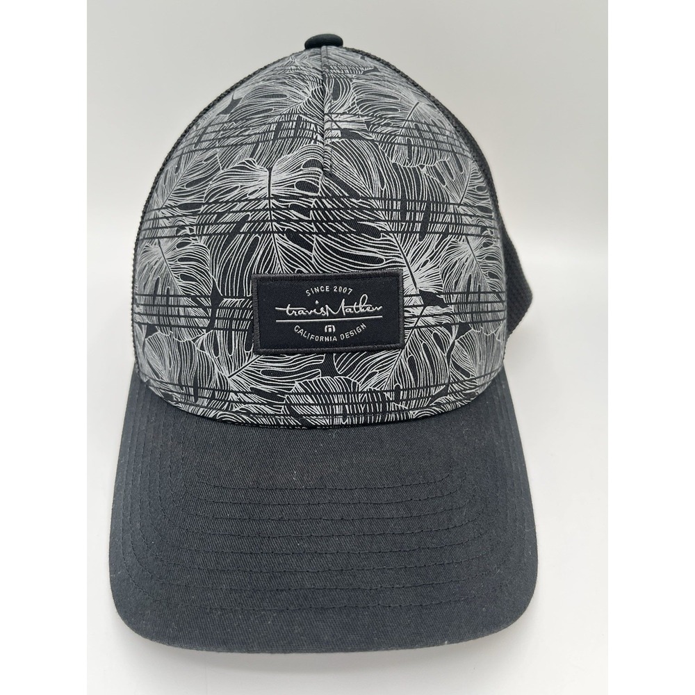 TravisMathew Black Gray Palm Print 110 Flexfit Tech Mesh Golf Snapback Hat OSFM